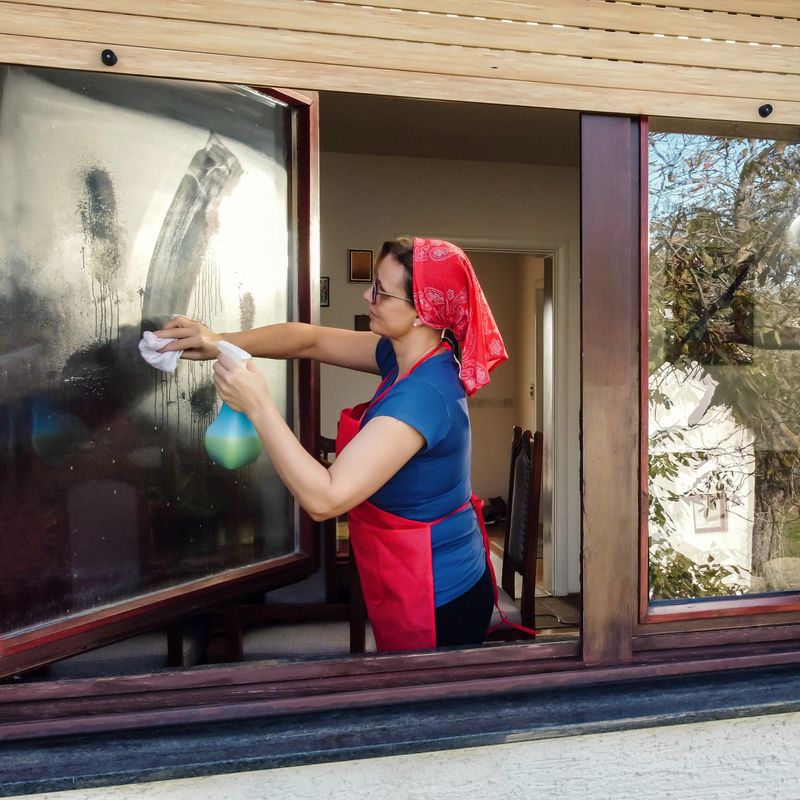 Professional cleaner cleaning the windows of an apartment