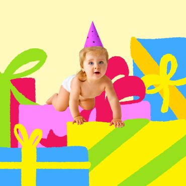 Baby wearing a party hat crawling over colorful gift boxes.