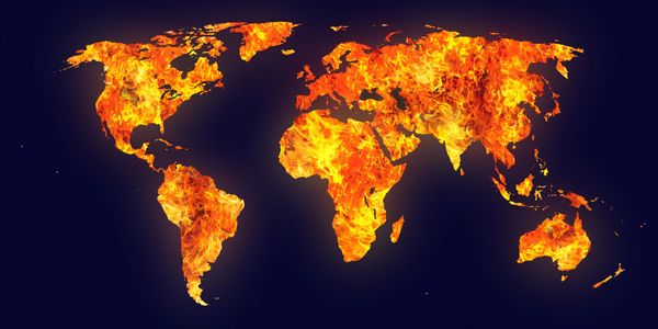 Earth's continents in flame showing need for climate change advocacy