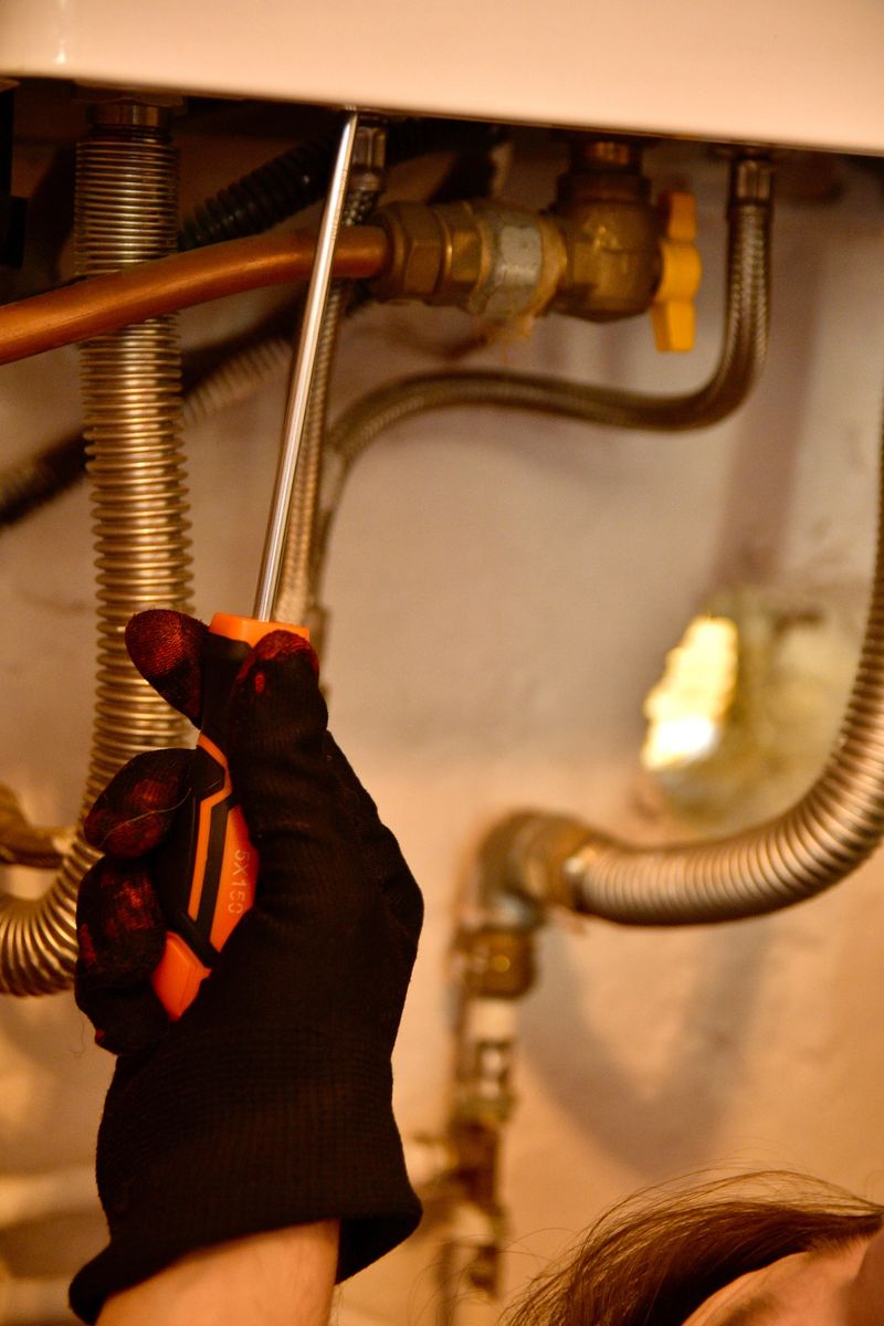 Technician plumber with gloves work on water boiler