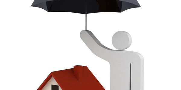 3D figure holding umbrella over house symbolizing protection.