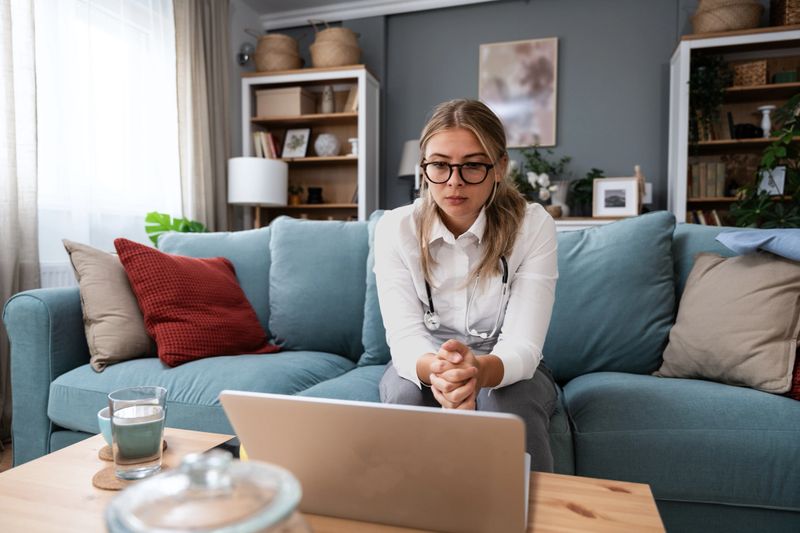 Young female doctor medical worker working from home sitting on sofa having video call with nervous sick patient listening and caring for people. Professional woman practitioner webcam meeting concept