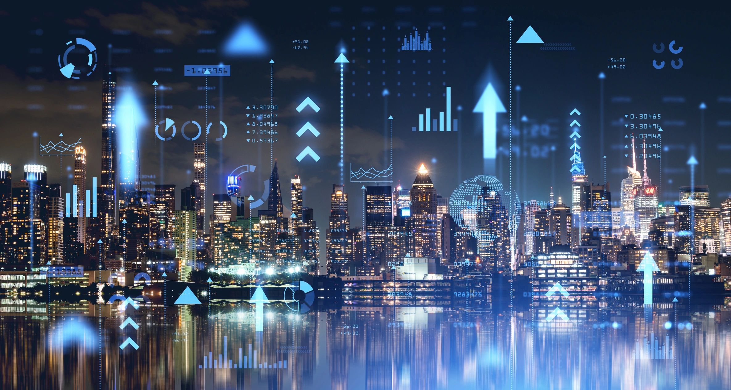 evening skyline of an international location representing the global reach of NYAG's services.