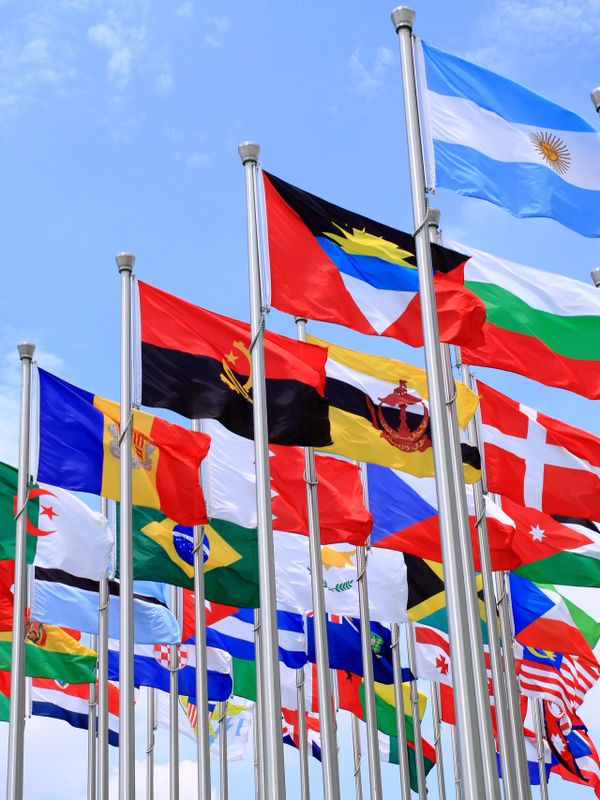 Multiple international flags waving against a blue sky.