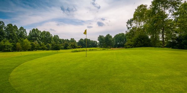 yellow flagstick on a golf course green