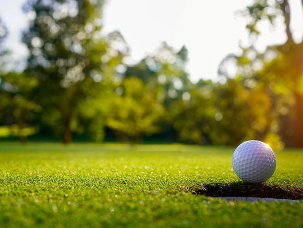 A golf ball perched on the edge of a hole on a sunny golf course.