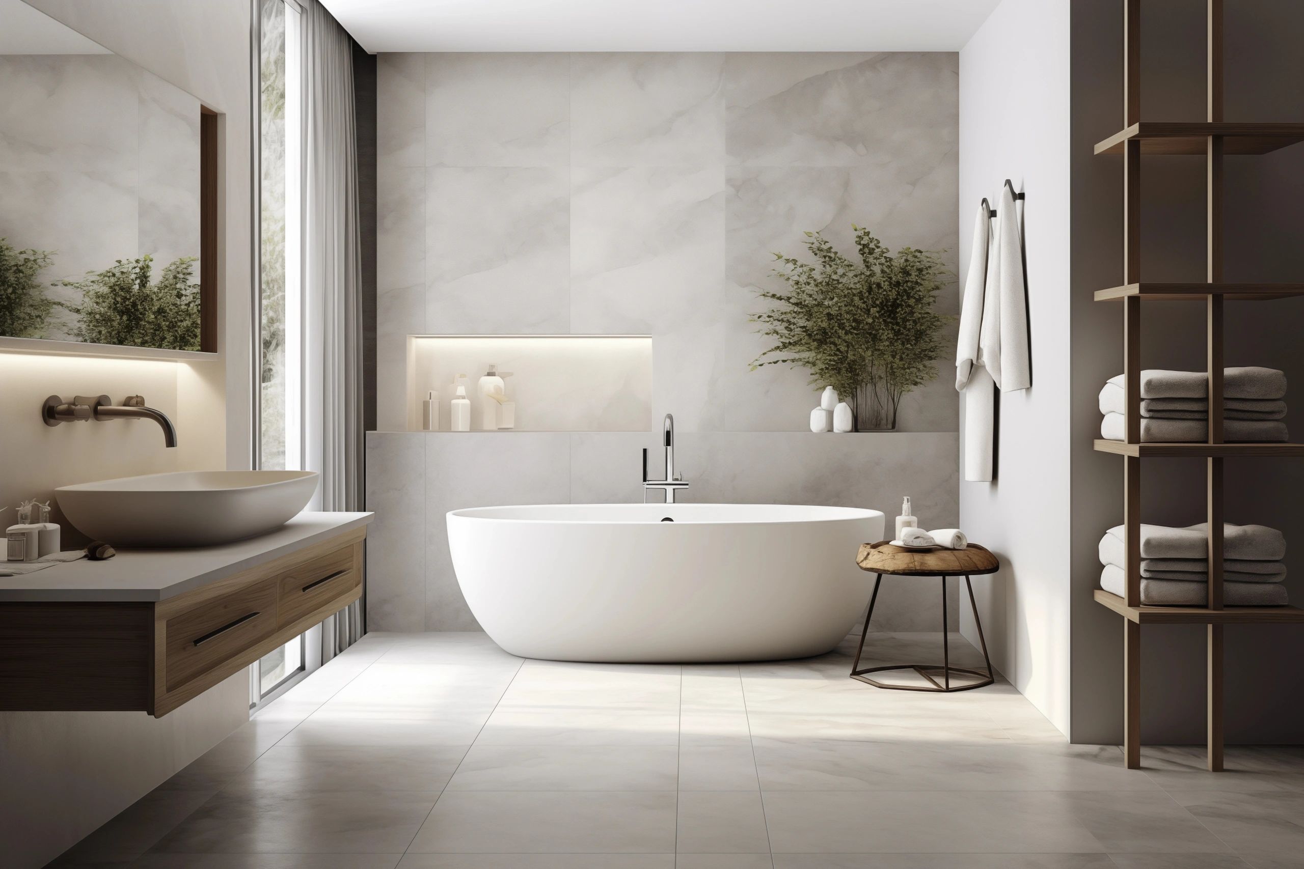 Modern minimalist bathroom with a white freestanding tub and wooden accents.