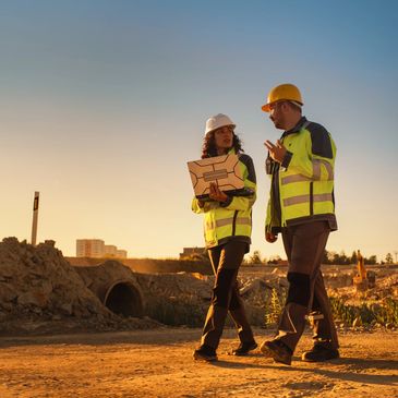 Two construction workers discussing plans on site.