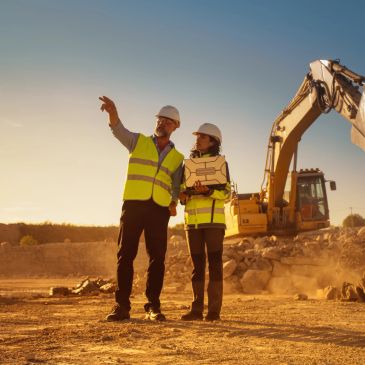 Two construction workers discussing at a worksite with excavator.