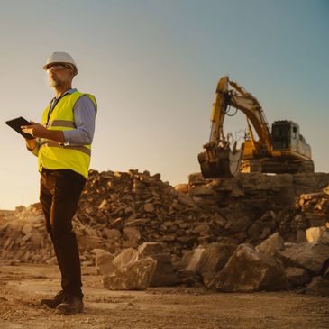 Construction site manager with tablet oversees excavation work at sunset.