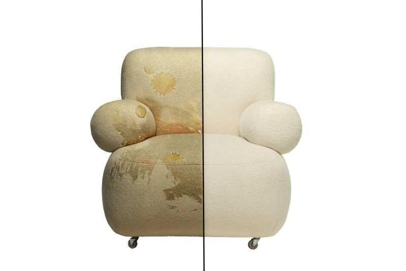 Upholstered furniture chair before and after dry cleaning on a white background.