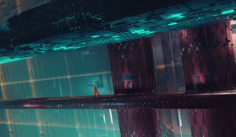 Astronaut walks on structure in a futuristic city . Dystopian and science fiction concept . This is a 3d render illustration .