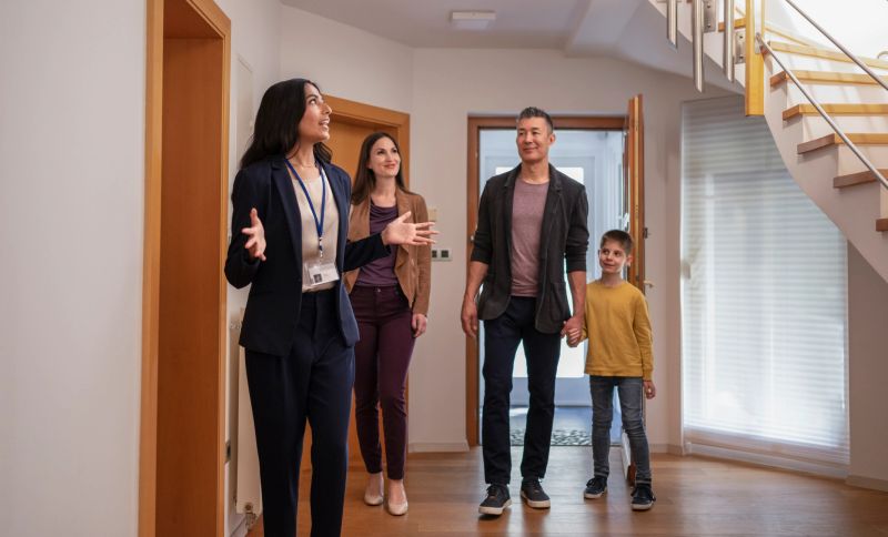 Female real estate agent showing modern house to young family with child. New beginning concept.