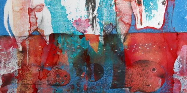 Abstract painting with horses and fish in vibrant red and blue tones.