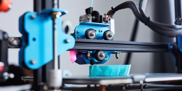 3D printer creating a geometric basket-like object.