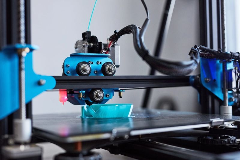 3d printer, machine and plastic in production, design and manufacturing industry. Future, tech and polymer prototype, model and creative innovation, science and electrical automation process closeup
