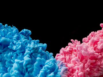 Blue and pink colored ink swirling in water.