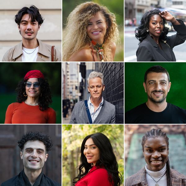 Collage of nine diverse people smiling in various outdoor and urban settings.
