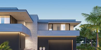 Modern two-story house with clean lines and warm lighting at dusk.