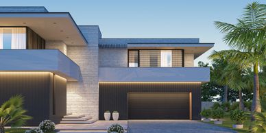 Modern two-story house with sleek design and ambient lighting.