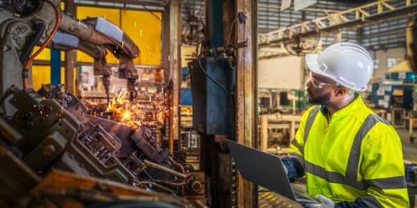 Engineer monitoring robotic welding in factory.