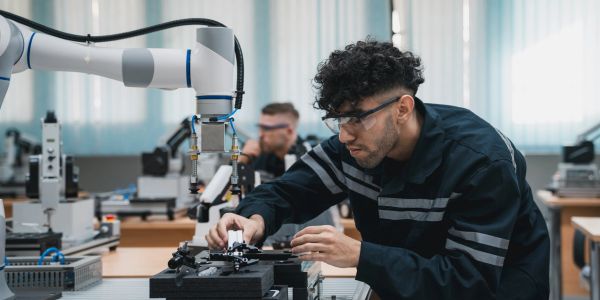 Technician working with robotic arm in lab.
