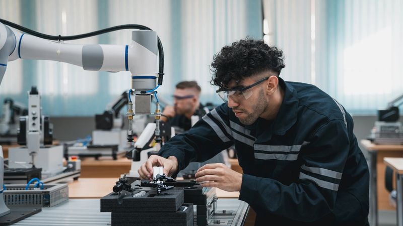 Student engineer Assembling Robotic Arm with computer in Technology Workshop. Service Engineer Holding Robot Controller and Checking Robotic Arm Welding Hardware.