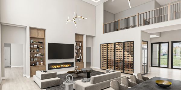 Modern open living room with high ceiling, fireplace, and wine display.