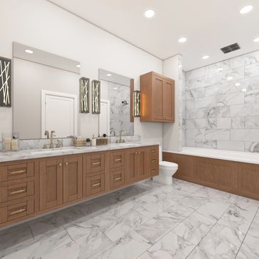 Modern bathroom with wood cabinets and marble tiles.