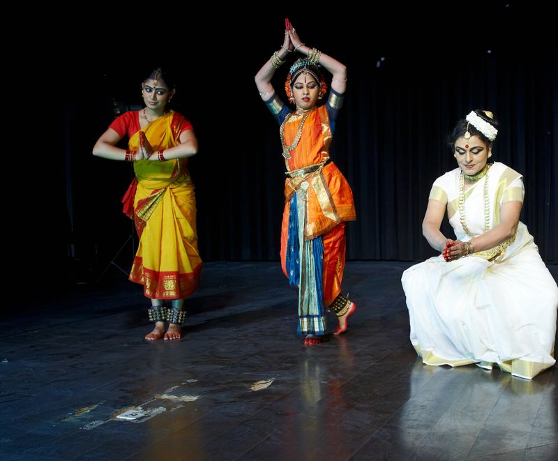 Classical Indian Kuchipudi Dancers giving stage performance
