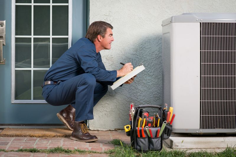 Air conditioner repairman in uniform with a clipboard and tool bucket inspecting the AC unit.Take a look at my LIGHTBOXS with other related images.