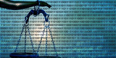 Binary code overlaid on man's silhouette using laptop.