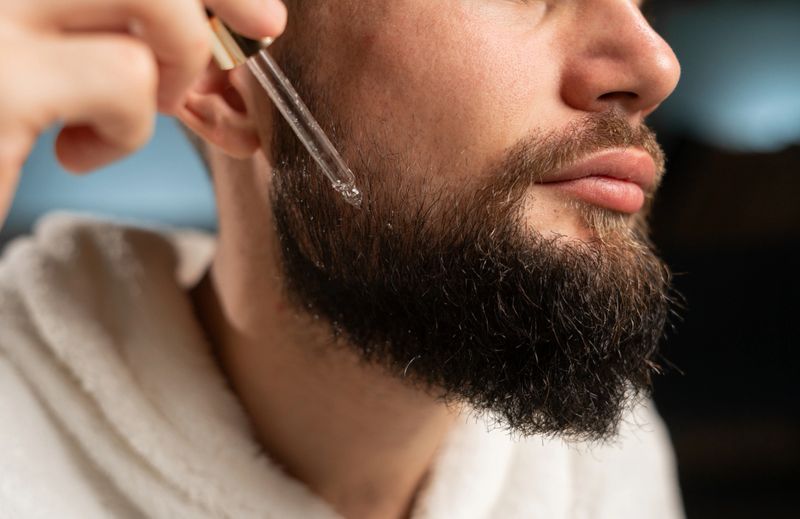 Close-up of a man applying beard oil to his face at home after a shower. Copy space