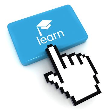 A pixelated hand cursor pointing at a blue 'learn' button with a graduation cap icon.