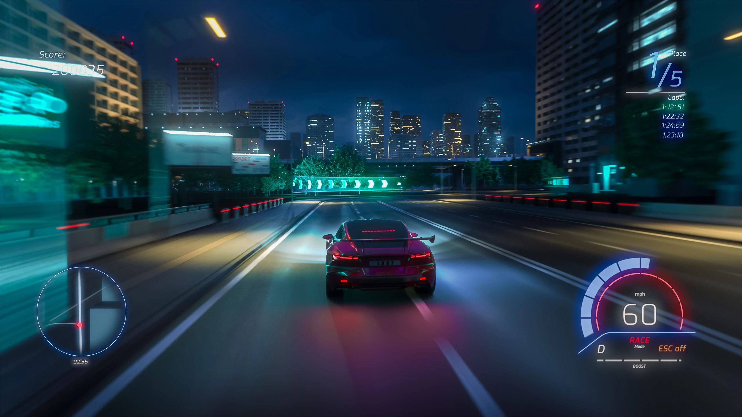 A sleek car races through a neon-lit city at night in a video game.