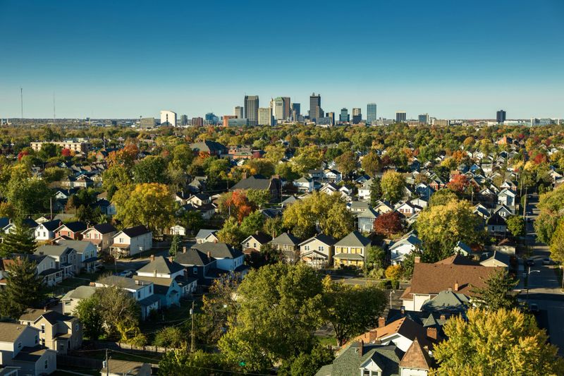 Aerial still image of the Downtown Columbus skyline taken by a drone flying over Reeb-Hosack on a clear Fall day.