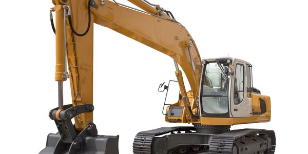 Yellow excavator with a black bucket and tracks