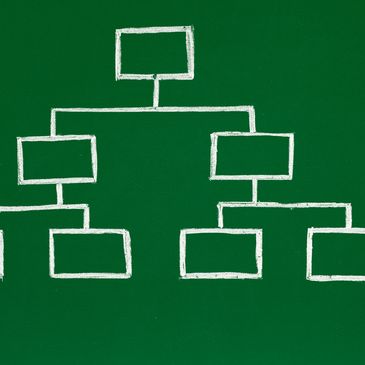 Hand drawing a hierarchical organizational chart on a green chalkboard.