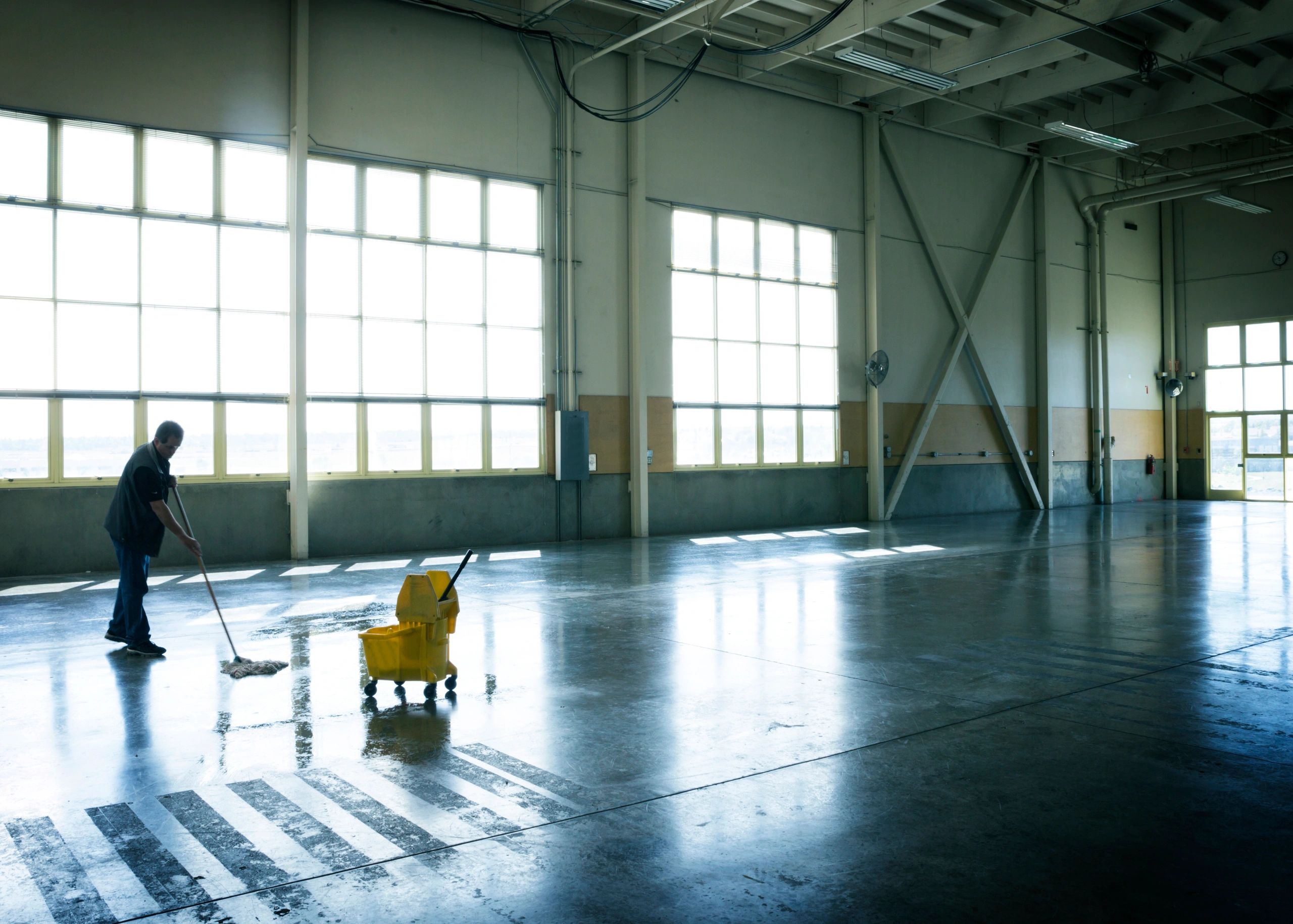 A person mops the floor of a large, empty industrial warehouse with bright windows.
