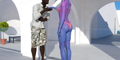 Man interacting with a futuristic purple humanoid figure.