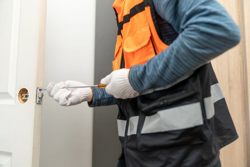 Locksmith man in uniform using a screwdriver installing or fixing door lock on wooden door in home.