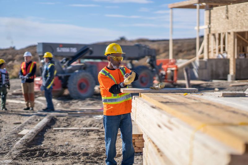 A male general labourer, of African decent, is seen working on site of a new home build.  He is wearing proper safety equipment and is focused on his job.