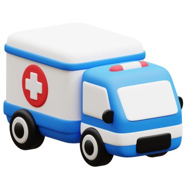 3D cartoon-style ambulance with a red cross symbol and blue accents.