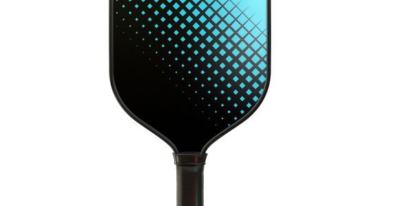 Black and blue pickleball paddle with two perforated balls, one orange and one teal.
