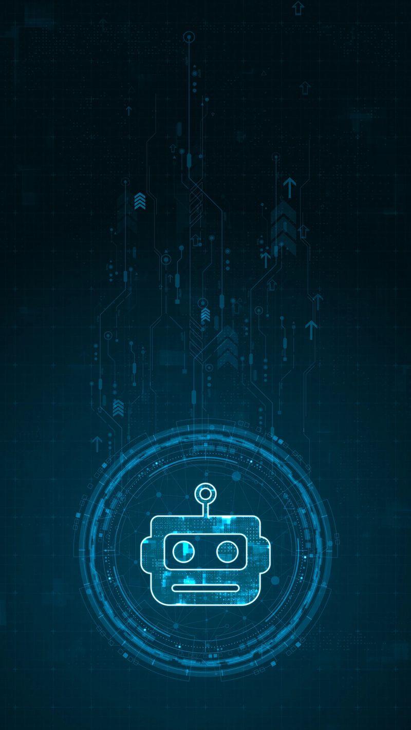 Blue digital robot head logo and circle futuristic HUD elements with flowing arrows with machine learning technology and ai assistance concepts on abstract background vertical