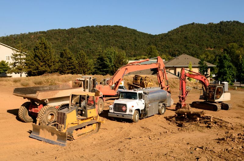 Fuel truck on its morning fueling of the equipment on a new commercial development construction project.