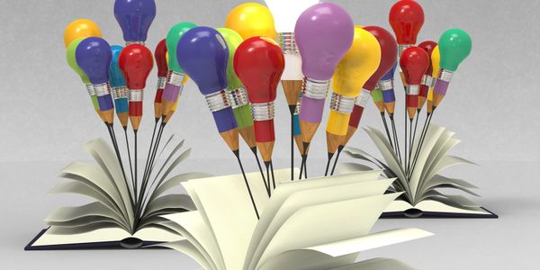 Colorful light bulbs shaped like pencils emerge from open books.