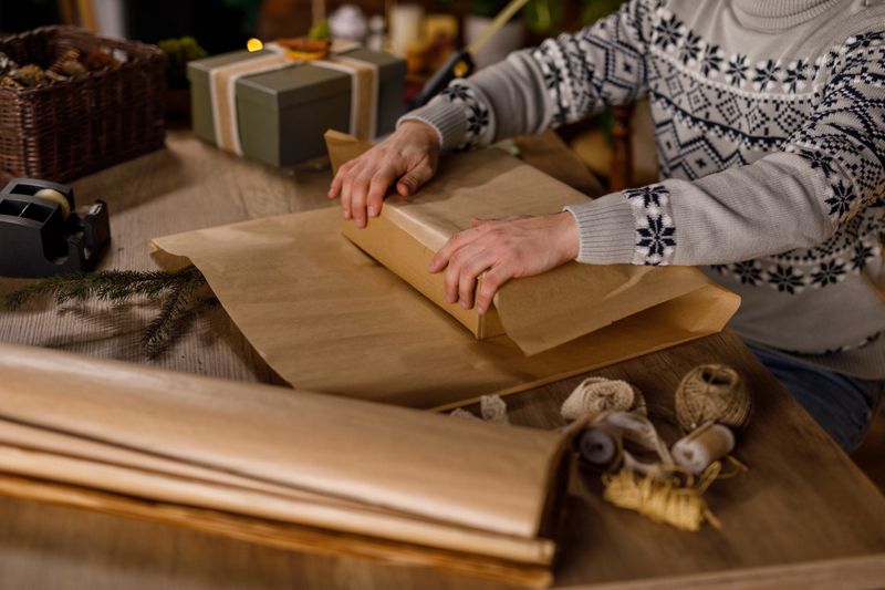 Close up shot of creative young man sitting at table and wrapping a gift box in a rustic brown paper.