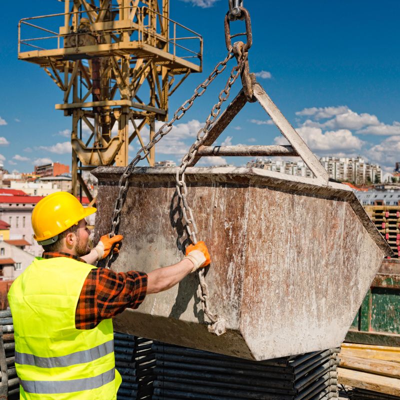 Construction worker manouvering with concrete crane basket