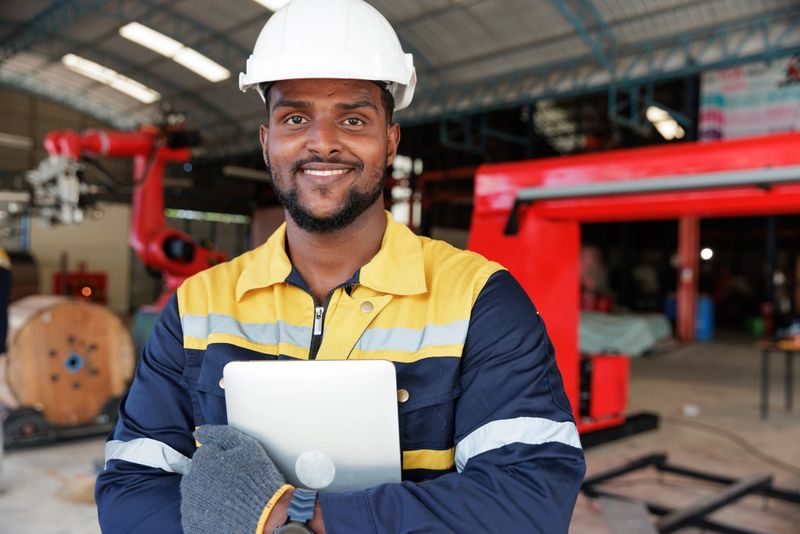 Portrait African-American engineer man holding tablet and smile in factory